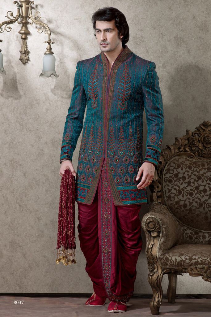 Bottol Green With Maroon Pure Banarasi Silk Dhoti Indowestern