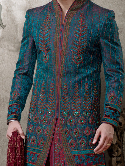 Bottol Green With Maroon Pure Banarasi Silk Dhoti Indowestern