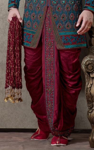 Bottol Green With Maroon Pure Banarasi Silk Dhoti Indowestern