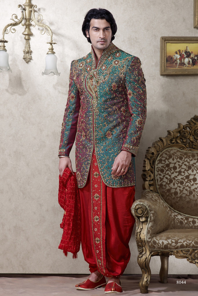 Blue With Maroon Brocade Dhoti Indowestern