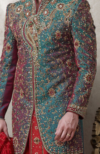 Blue With Maroon Brocade Dhoti Indowestern