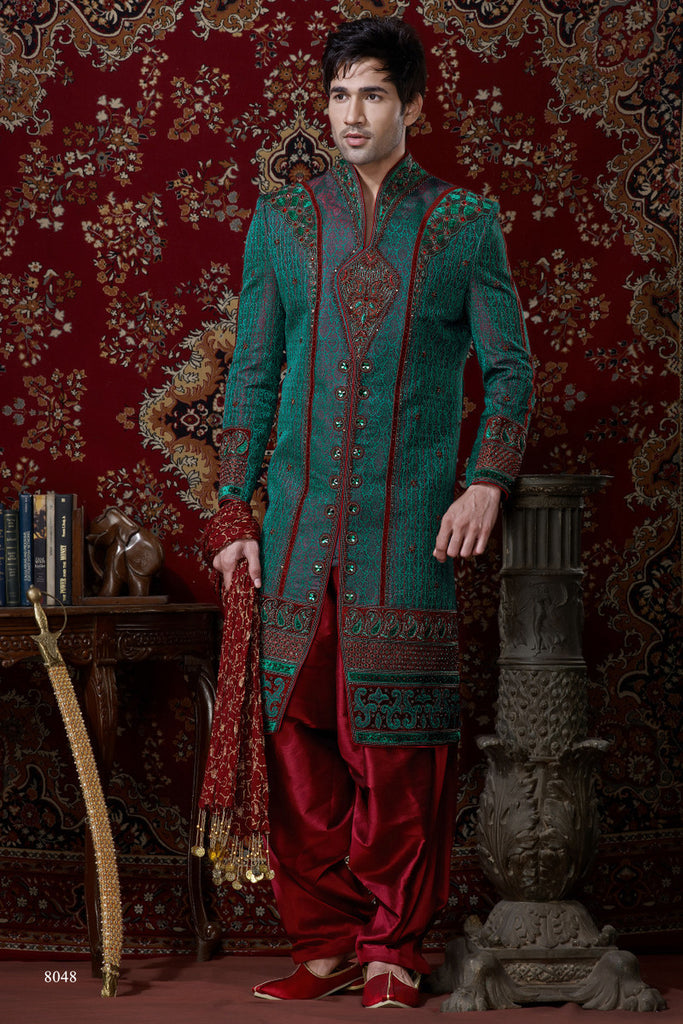 Bottol Green With Maroon Pure Banarasi Silk Indowestern Sherwani
