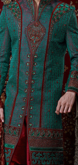 Bottol Green With Maroon Pure Banarasi Silk Indowestern Sherwani