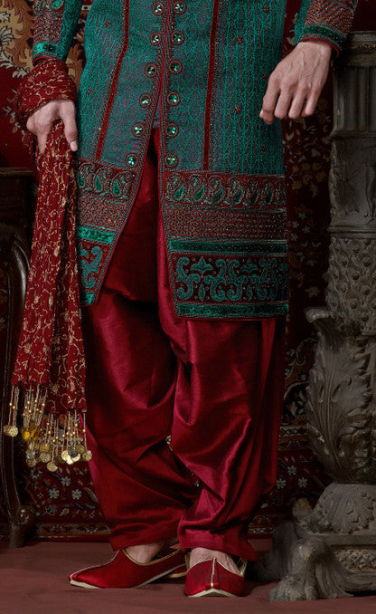 Bottol Green With Maroon Pure Banarasi Silk Indowestern Sherwani