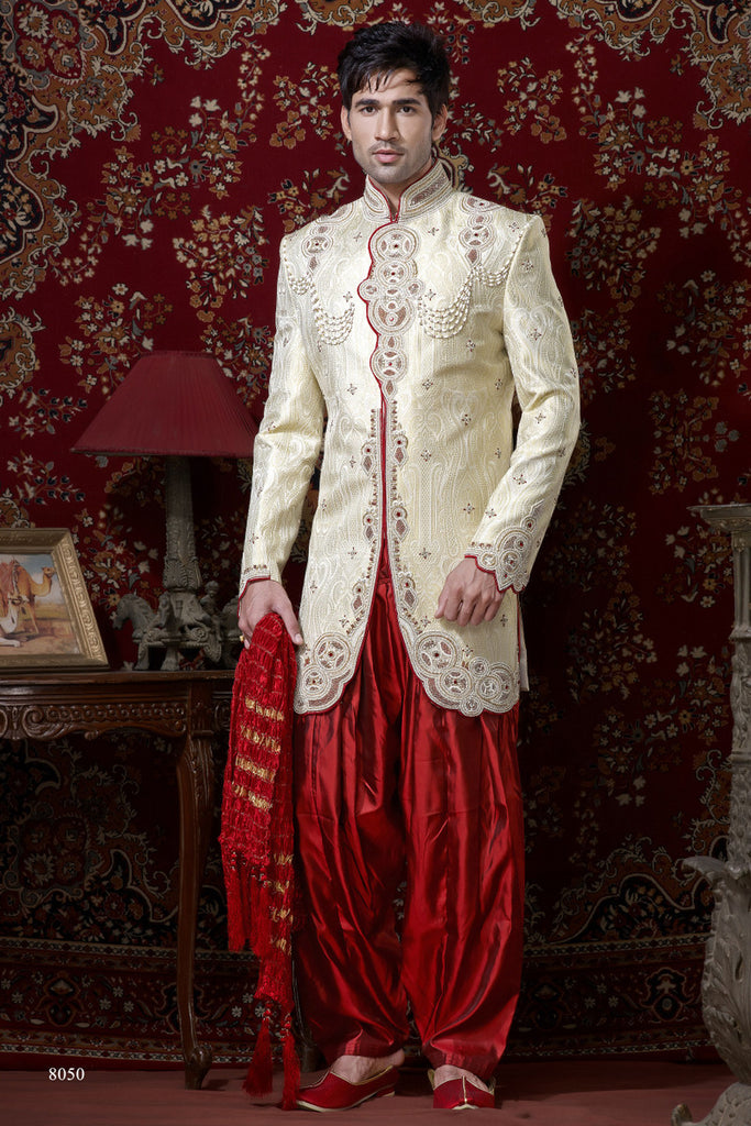 Cream Color Pure Banarasi Silk Indowestern Sherwani With Stone Work