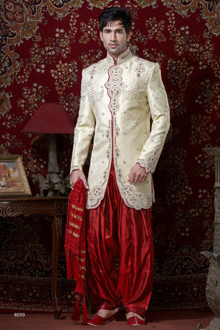 Cream Color Pure Banarasi Silk Indowestern Sherwani With Stone Work