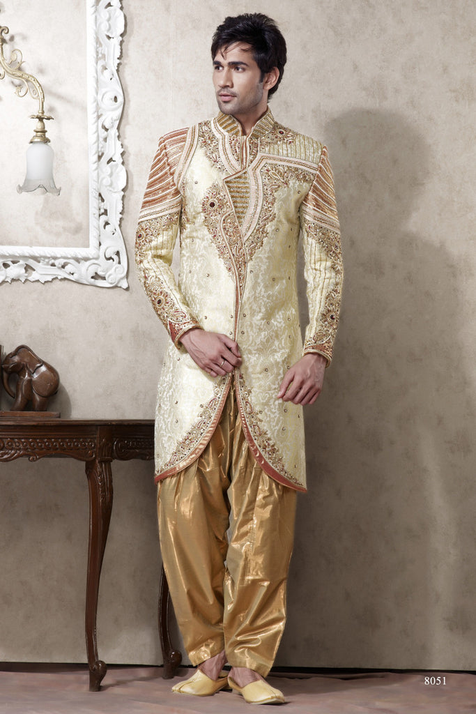 Cream Color Pure Banarasi Silk Indowestern Sherwani Comes With Stone Work