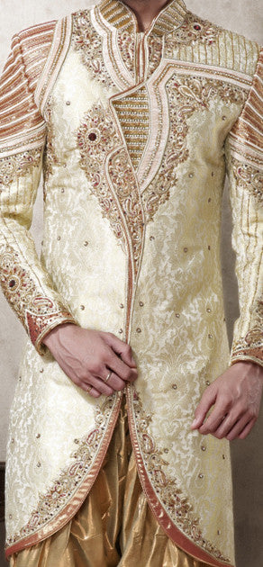 Cream Color Pure Banarasi Silk Indowestern Sherwani