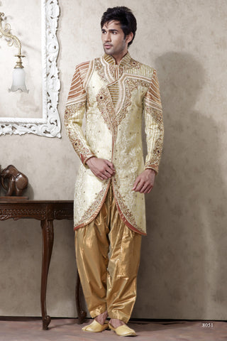 Cream Color Pure Banarasi Silk Indowestern Sherwani Comes With Stone Work