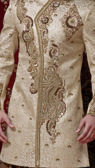 Cream Bronz Zari Banarasi Gichha Indowestern Sherwani