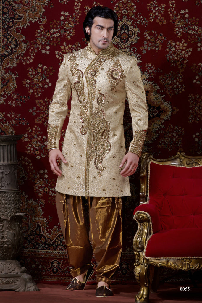 Cream Bronz Zari Banarasi Gichha Indowestern Sherwani
