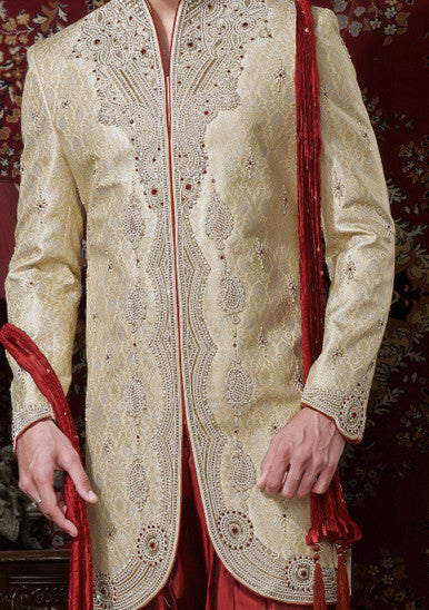 Cream Pure Banarasi Silk Indowestern Sherwani With Stone Work