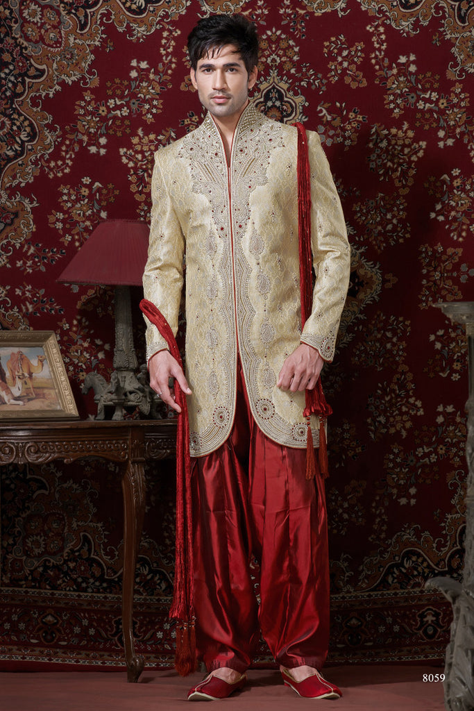 Cream Pure Banarasi Silk Indowestern Sherwani With Stone Work