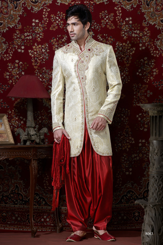 Cream Pure Banarasi Silk Indowestern Sherwani