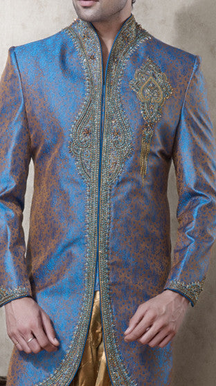 Blue N Brown Brocade Indowestern Sherwani