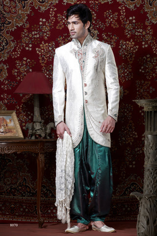 Off White Brocade Indowestern Sherwani