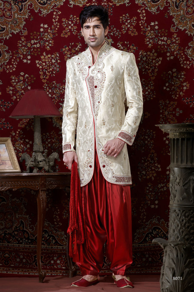 Cream Pure Banarasi Silk Indowestern Sherwani With Heavy Stone Work