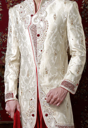 Cream Pure Banarasi Silk Indowestern Sherwani With Heavy Stone Work