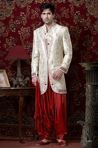 Cream Pure Banarasi Silk Indowestern Sherwani With Heavy Stone Work