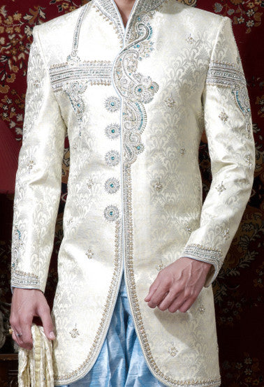 Dark Cream Pure Banarasi Silk Indowestern Sherwani