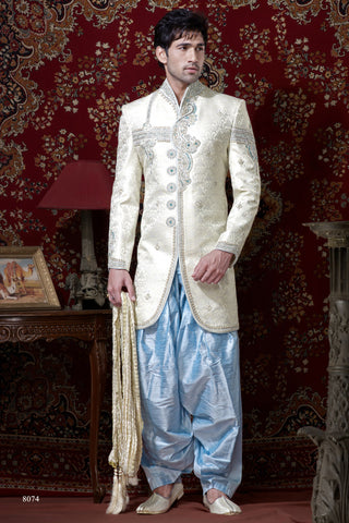 Dark Cream Pure Banarasi Silk Indowestern Sherwani