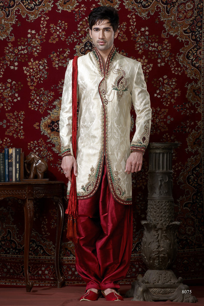 Cream Pure Banarasi Silk Stone Work Indowestern Sherwani
