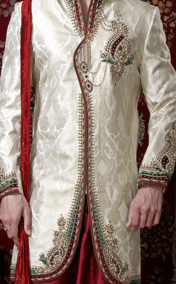 Cream Pure Banarasi Silk Stone Work Indowestern Sherwani