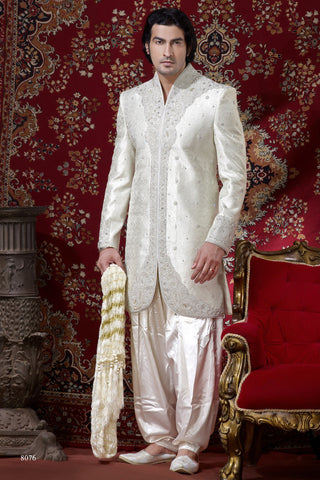 Off White Banarasi Fabric Indowestern Sherwani