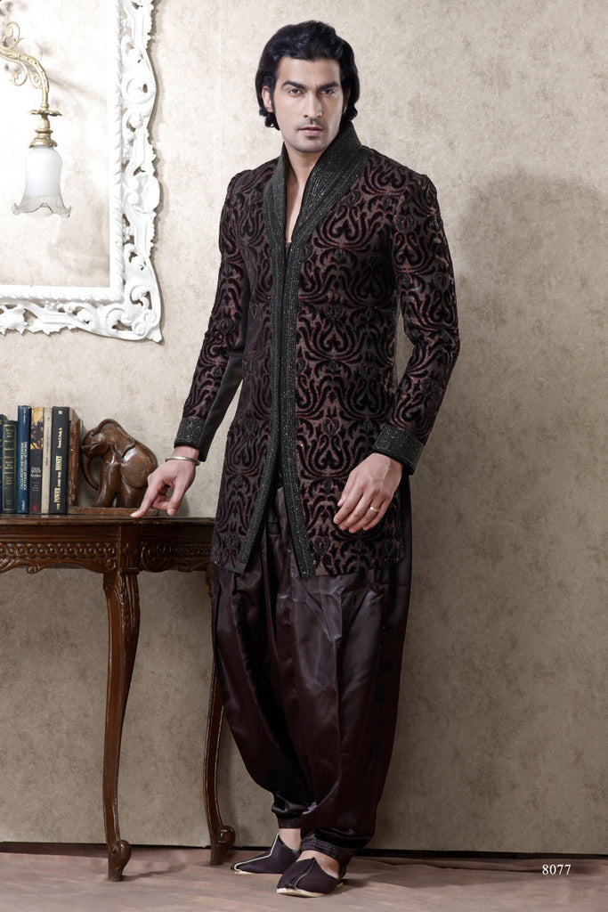 Black Maroon Pure Banarasi Silk Indowestern Sherwani