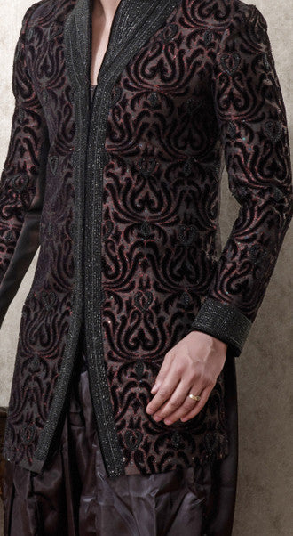 Black Maroon Pure Banarasi Silk Indowestern Sherwani