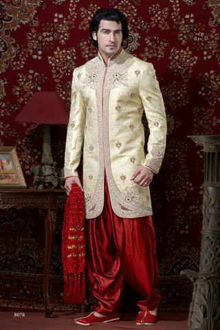 Lemon Cream Pure Banarasi Silk Indowestern Sherwani