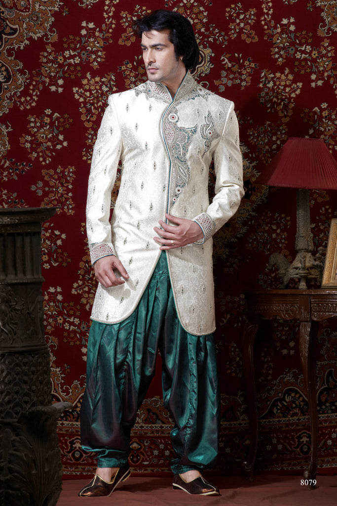 Off White Brocade Indowestern Sherwani With Stone Work