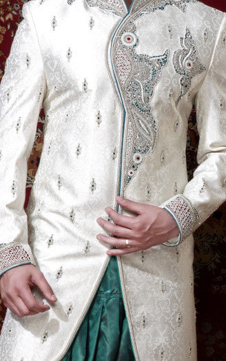 Off White Brocade Indowestern Sherwani With Stone Work