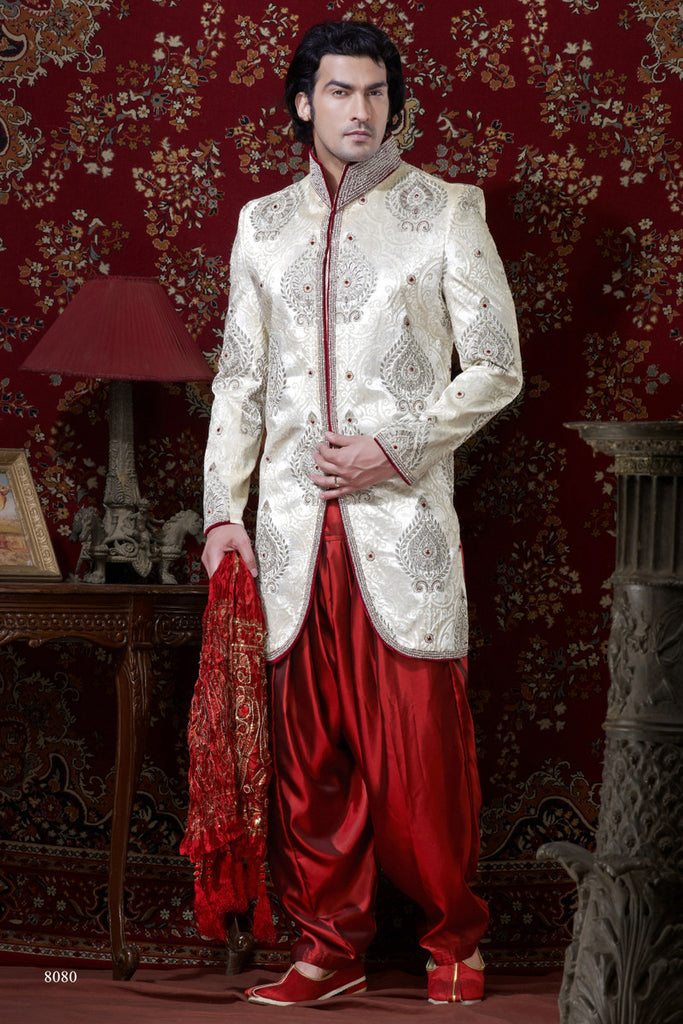 Off White Valvet Block Print Indowestern Sherwani