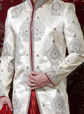 Off White Valvet Block Print Indowestern Sherwani