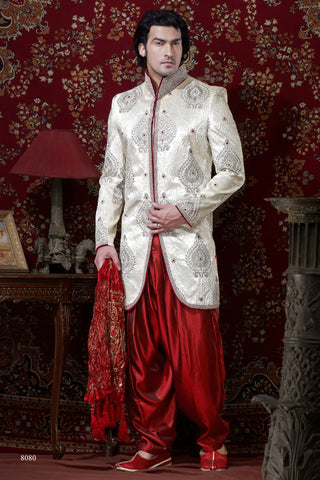 Off White Valvet Block Print Indowestern Sherwani