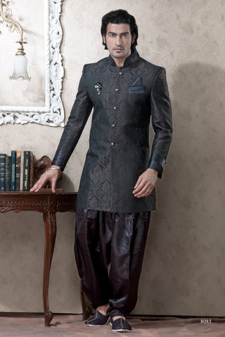 Green With Black Pure Banarasi Silk Indowestern