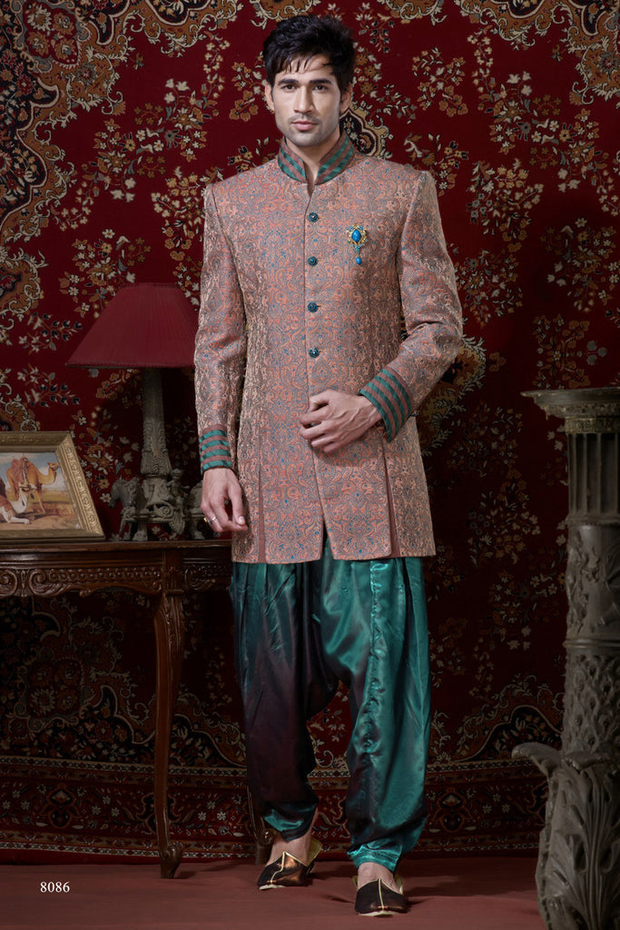 Peach Pure Banarasi Silk Indowestern