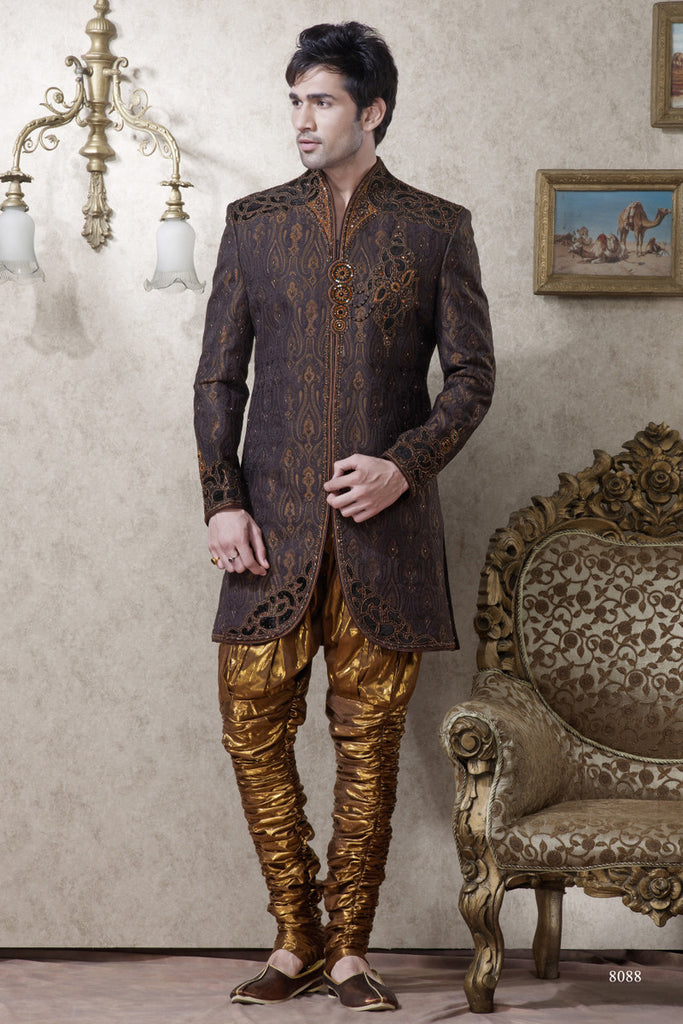 Black Antique Pure Banarasi Silk Indowestern Sherwani With Stone Work