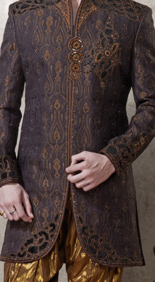 Black Antique Pure Banarasi Silk Indowestern Sherwani With Stone Work