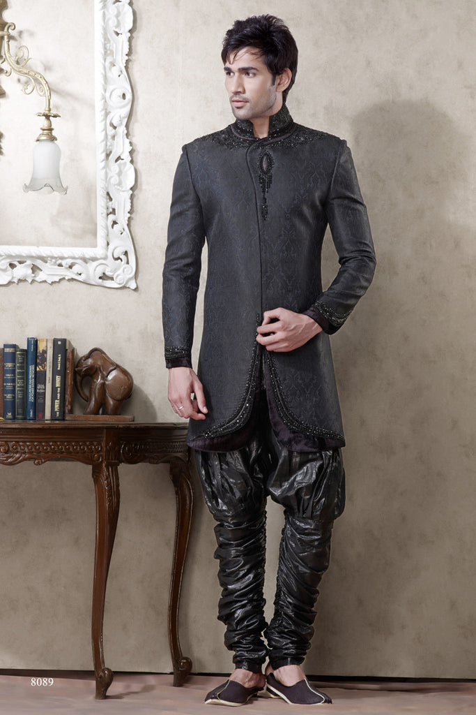 Black Pure Banarasi Silk Indowestern Sherwani