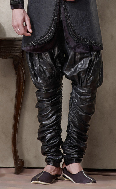Black Pure Banarasi Silk Indowestern Sherwani
