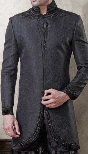 Black Pure Banarasi Silk Indowestern Sherwani