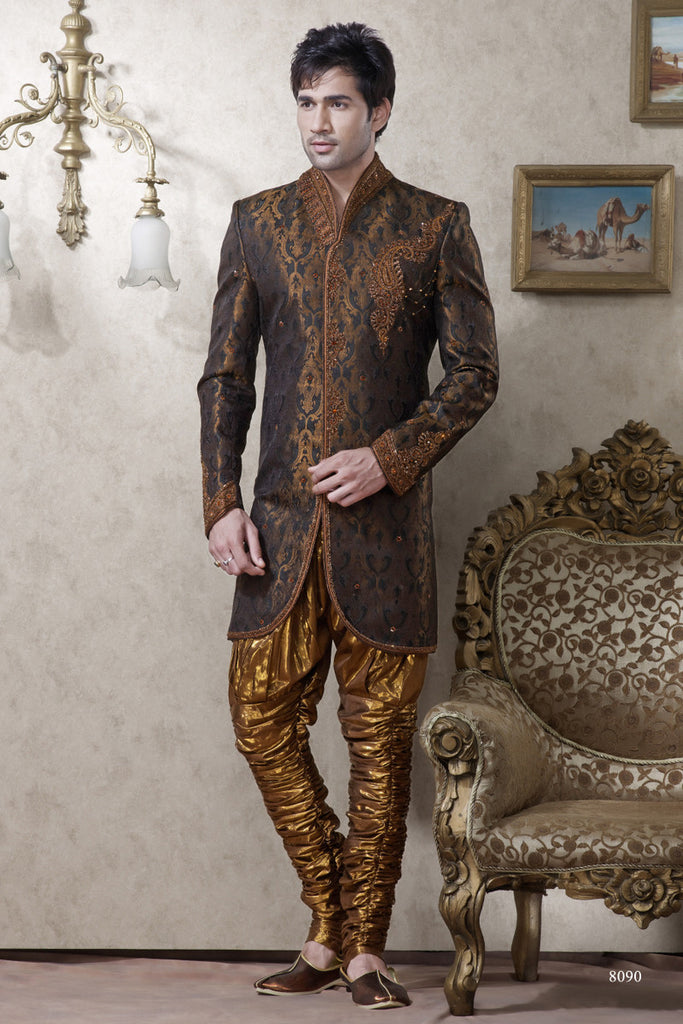Black Antique Pure Banarasi Silk Indowestern Sherwani