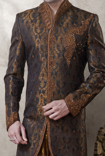 Black Antique Pure Banarasi Silk Indowestern Sherwani