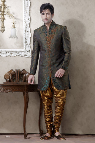 Green Pure Banarasi Silk Indowestern Sherwani