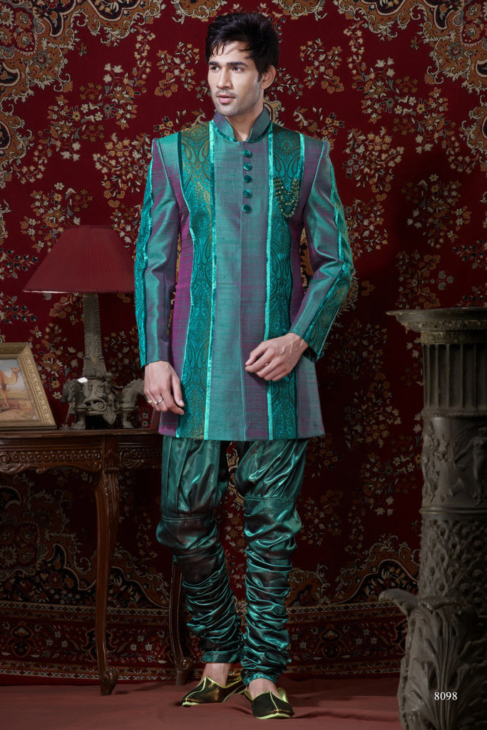 Green Pure Banarasi Silk Indowestern Stone Work Sherwani