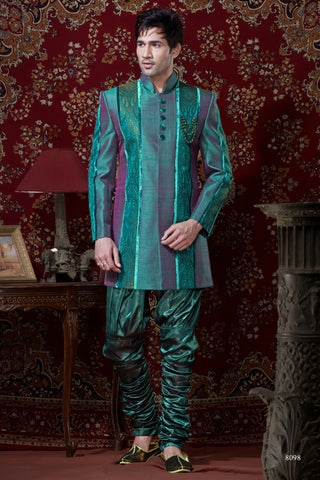 Green Pure Banarasi Silk Indowestern Stone Work Sherwani