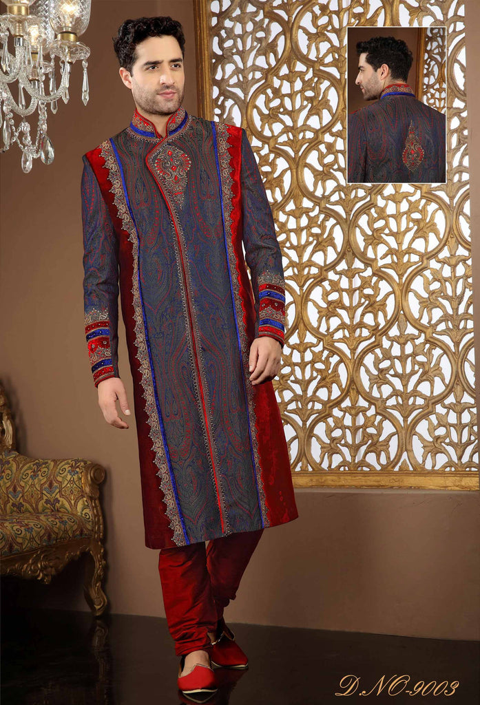 Blur Maroon Banarasi Silk Zardosi Work Sherwani