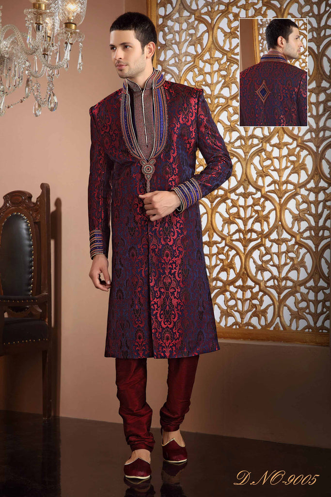 Red And Maroon Banarasi Silk Stone Work Sherwani